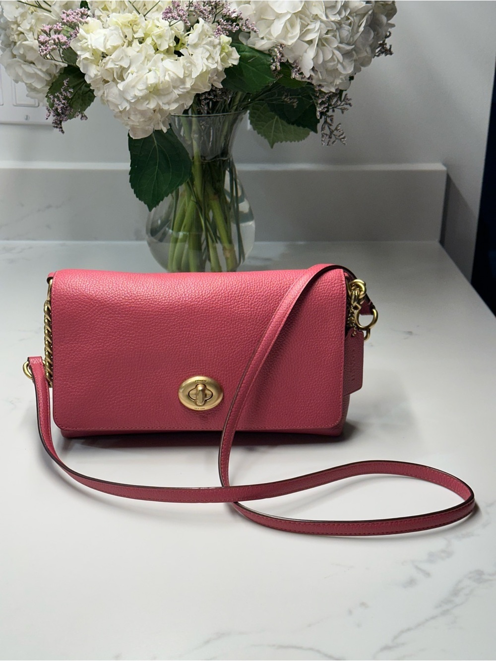 Coach Crosstown Leather Crossbody Bag Pink w/ Gold Hardware + COA + Coach Dusty